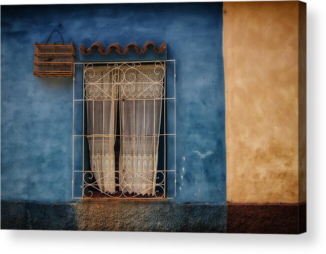 Cuba Acrylic Print featuring the photograph Window and the birdcage by Marzena Grabczynska Lorenc