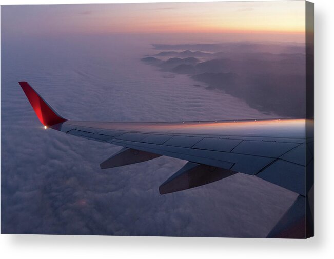 Taking Off Acrylic Print featuring the photograph Wing Of An Aeroplane With Sunset by Rotofrank