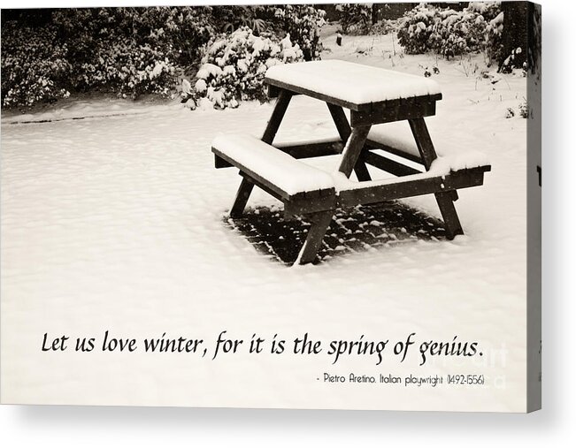 Winter Acrylic Print featuring the photograph Winter at the Park with a Snow-Covered Table by Beverly Claire Kaiya