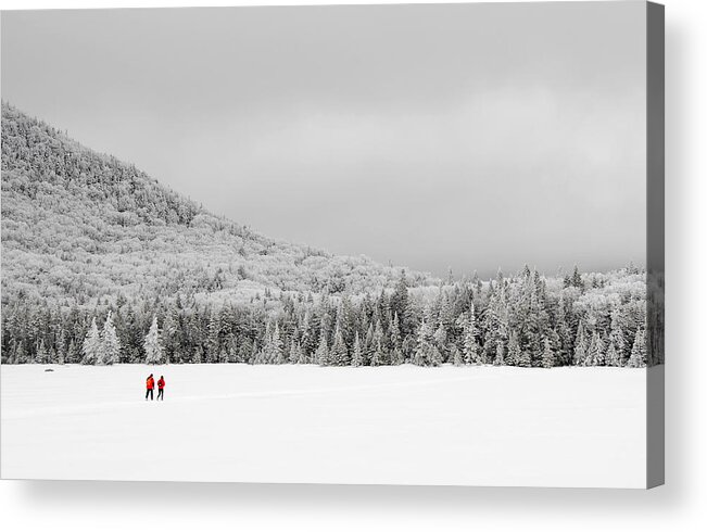 Lonesome Lake Acrylic Print featuring the photograph Winter Hikers on Lonesome Lake by Ken Stampfer