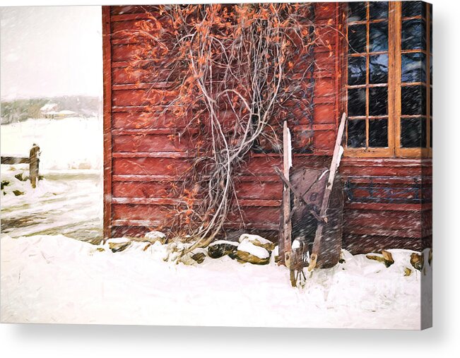 Barn Acrylic Print featuring the photograph Winter scene with barn and wheelbarrow/ Digital Painting by Sandra Cunningham