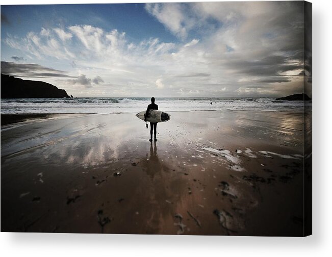 Water's Edge Acrylic Print featuring the photograph Winter Surfing At Plemont by Richard Boak