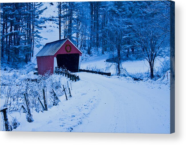 Vermont Covered Bridge Acrylic Print featuring the photograph winter Vermont covered bridge by Jeff Folger
