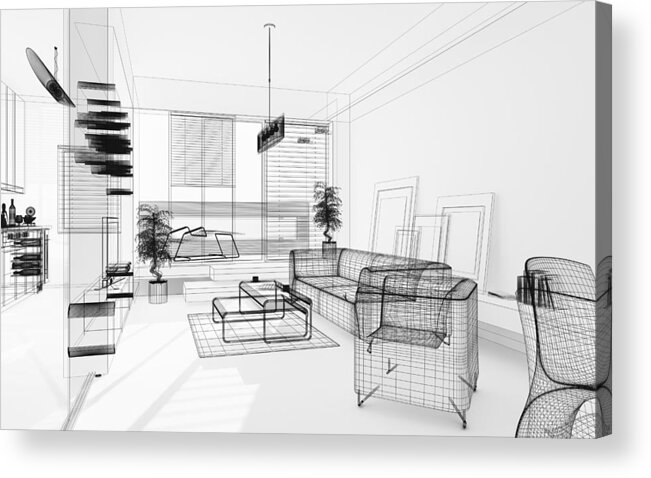 Plan Acrylic Print featuring the photograph Wireframe 3D Modern Interior. Blueprint. Render Image. Architecture Abstract. by PetrePlesea