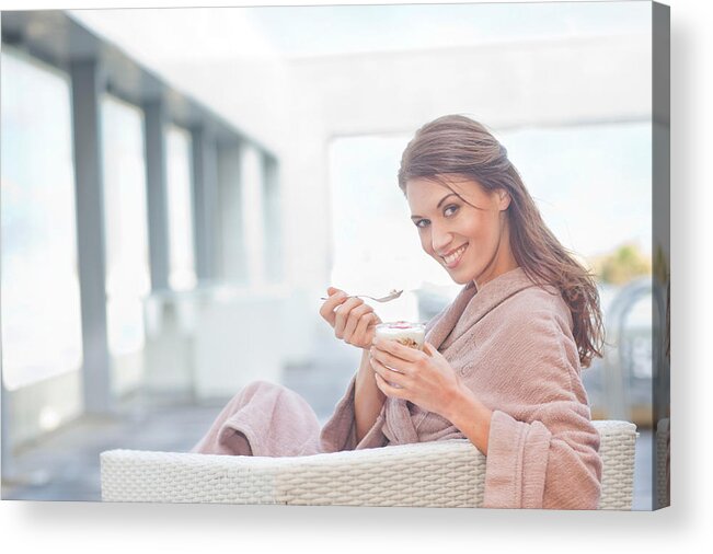 Spa Acrylic Print featuring the photograph Woman at hotel poolside eating yogurt by Zero Creatives