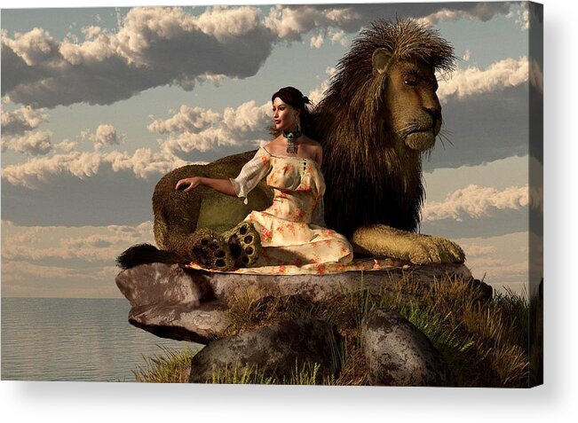 Lion Acrylic Print featuring the digital art Woman With Lion by Daniel Eskridge