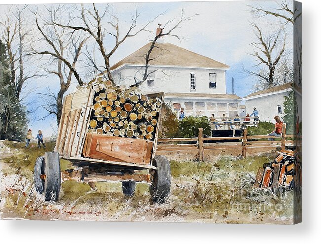 A Wagon Load Of Wood Sets In The Backyard Of A Farmhouse. Friends And Family Are Gathered On The Back Porch. Acrylic Print featuring the painting Wood Wagon by Monte Toon