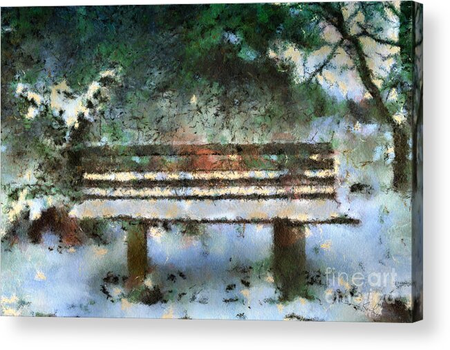 Winter Acrylic Print featuring the digital art Wooden Bench in the Forest by Gina Koch