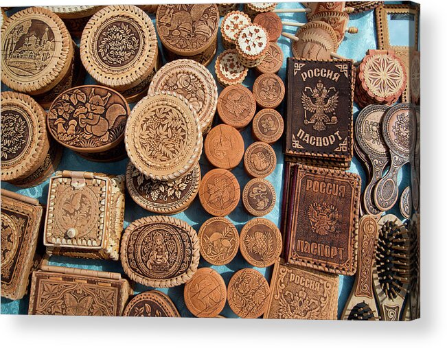Retail Acrylic Print featuring the photograph Wooden Souvenirs For Sale At Market by Holger Leue