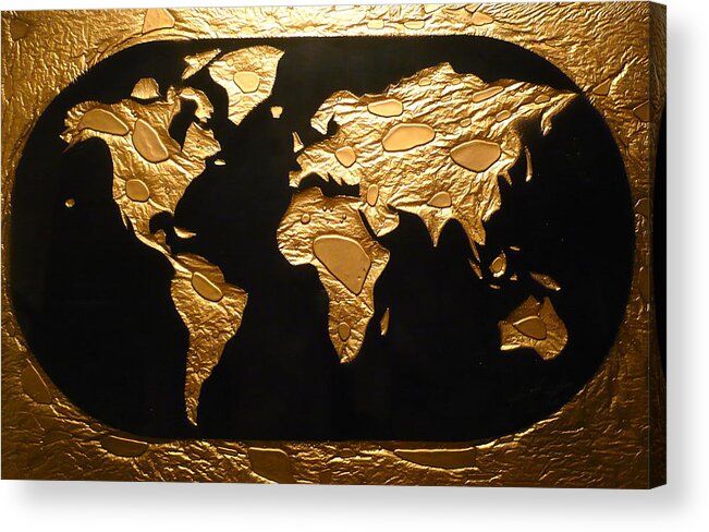 Map Acrylic Print featuring the painting World in Gold - World Map by Rick Silas