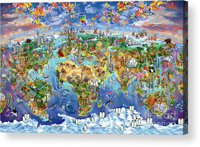 World Map Acrylic Print featuring the painting World Map of world wonders by Maria Rabinky
