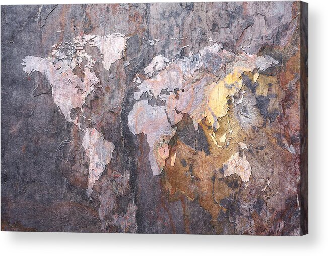 World Map Acrylic Print featuring the digital art World Map on Stone Background by Michael Tompsett