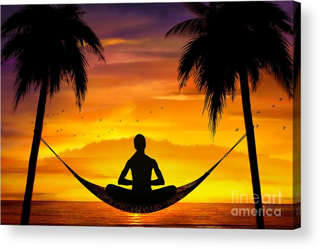 Yoga Acrylic Print featuring the digital art Yoga At Sunset by Peter Awax