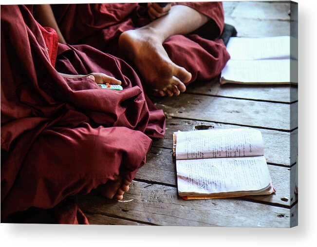 Hiding Acrylic Print featuring the photograph Young Monk Playing With A Toy by Gary Koh, Singapore