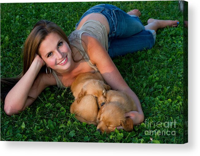 Nature Acrylic Print featuring the photograph Young Woman And Golden Retriever Puppies by Linda Freshwaters Arndt