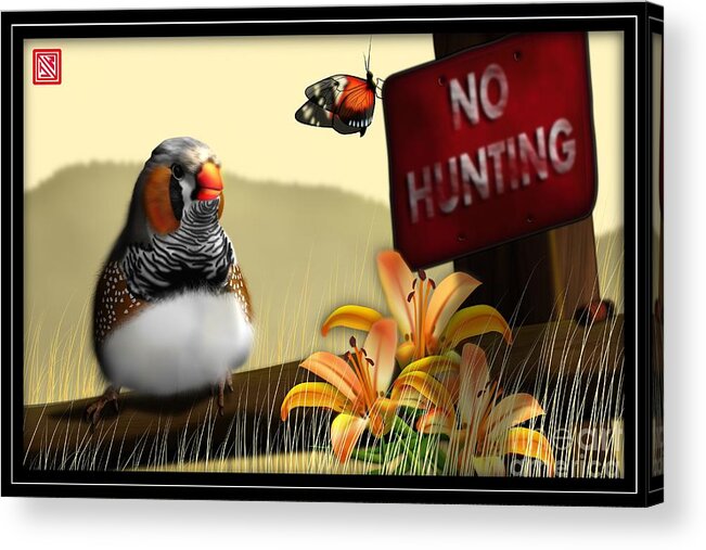 Zebrafinch Acrylic Print featuring the digital art Zebrafinch with tiger lillies by John Wills