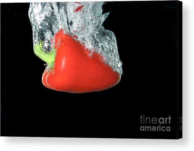 Pepper Acrylic Print featuring the photograph Red Pepper Falling Into Water #1 by Ted Kinsman