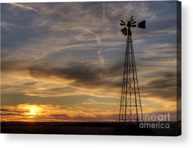 Prairie Sunset Acrylic Print featuring the photograph Windmill and Sunset #1 by Art Whitton