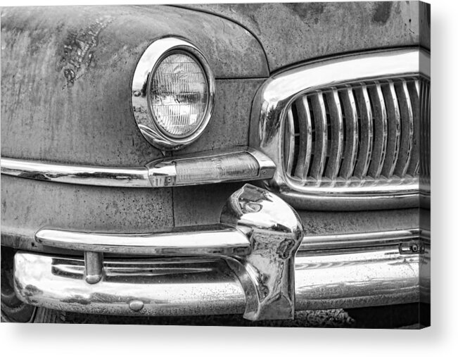 1951 Acrylic Print featuring the photograph 1951 Nash Ambassador Front End Closeup BW by James BO Insogna