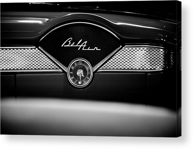 1955 Bel Air Acrylic Print featuring the photograph 1955 Chevy Bel Air Glow Compartment in Black and White by Sebastian Musial