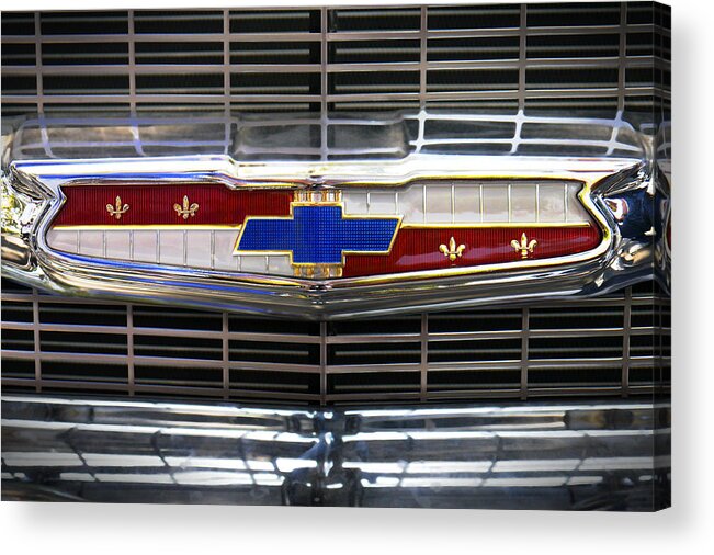 Transportation Acrylic Print featuring the photograph 1956 Chevrolet Grill Emblem by Mike McGlothlen