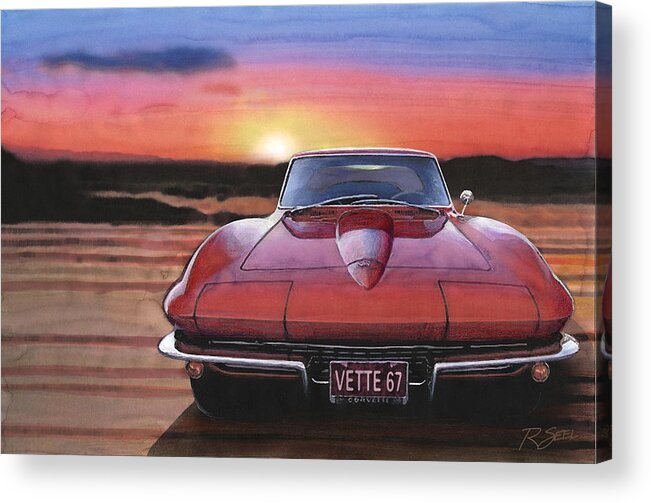 Corvette Acrylic Print featuring the painting '67 Corvette Sunset #67 by Rod Seel
