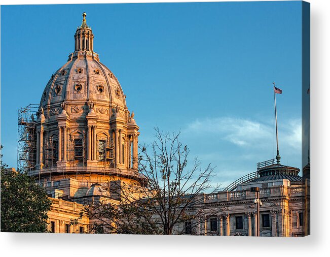 Sunset Minnesota Saint Paul Architecture Patriotic America Shy Cloud Flag Dome Acrylic Print featuring the photograph A Capitol Evening by Tom Gort