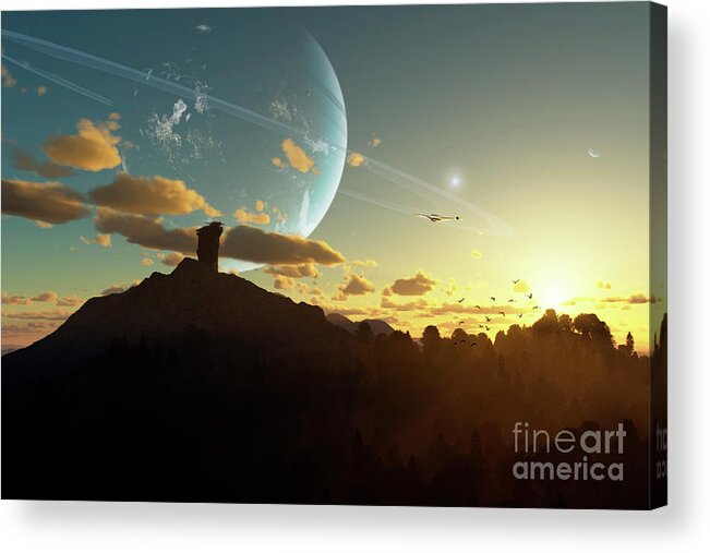 Artwork Acrylic Print featuring the digital art A Sunset On A Forested Moon Which by Brian Christensen