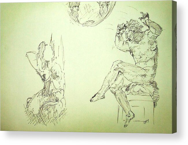 Agony Acrylic Print featuring the drawing Agony and Atlas Sketch of Him Throwing the World onto Her as he Transforms Life Burden to Freedom by MendyZ M Zimmerman
