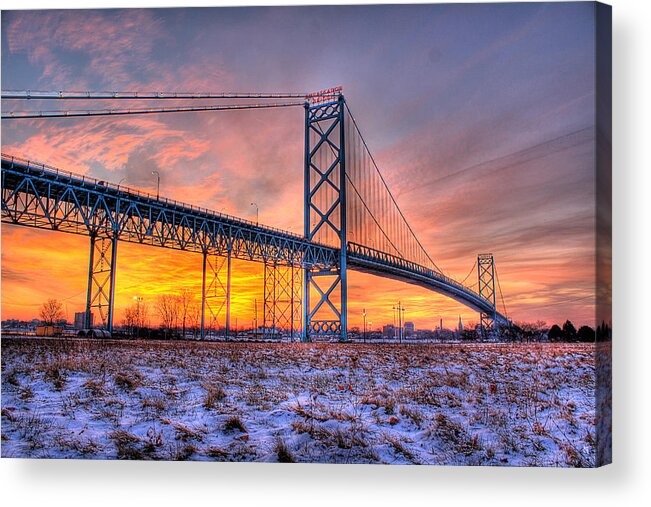 Sun Acrylic Print featuring the photograph Ambassador Bridge Sunrise 1-16-2012 Detroit MI by Nicholas Grunas