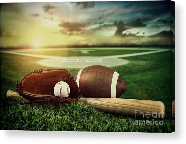 Aged Acrylic Print featuring the photograph Baseball bat and mitt in field at sunset by Sandra Cunningham