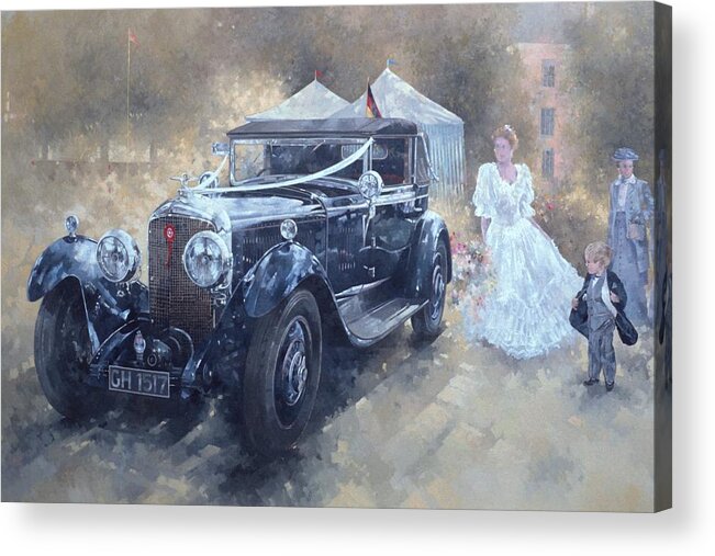 Female; Car; Wedding; Marriage; Dress; Wife; Married; Transport; Automobile; Vintage; Old Timer; Bentley Acrylic Print featuring the painting Bentley and Bride by Peter Miller