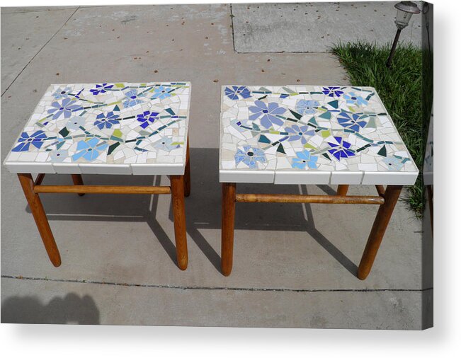 Blue Flower Mosaic Tables Acrylic Print featuring the mixed media Blue Flower Mosaic Tables by Lou Ann Bagnall