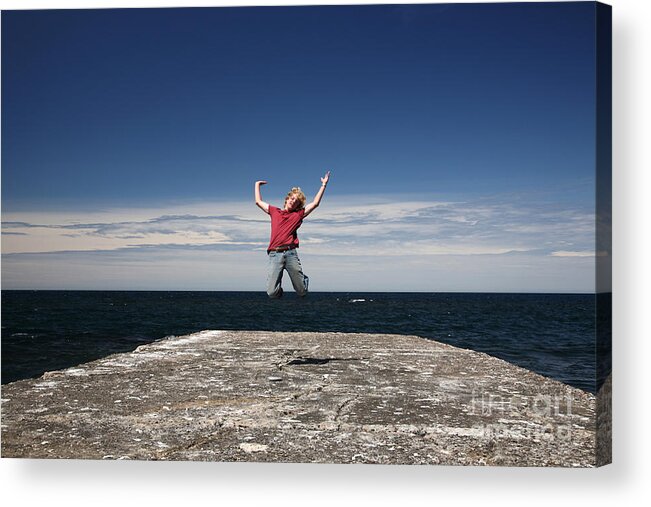 Coast Acrylic Print featuring the photograph Boy Jumping For Joy by Ted Kinsman