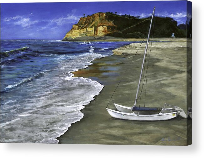 Catamaran Acrylic Print featuring the painting Cat and Dog Beach by Lisa Reinhardt