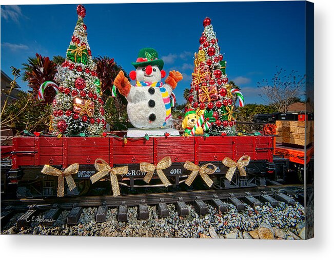 Snowman Acrylic Print featuring the photograph Christmas Snowman On Rails by Christopher Holmes