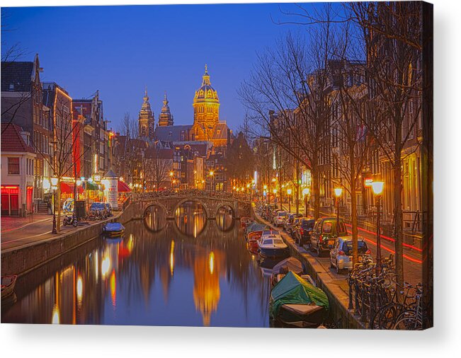 Amsterdam Acrylic Print featuring the photograph Church of St. Nicholas reflected in twilight by Andria Patino