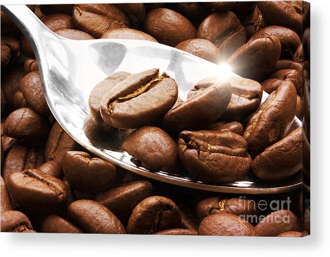 Coffee Acrylic Print featuring the photograph Coffee beans on a spoon by Simon Bratt