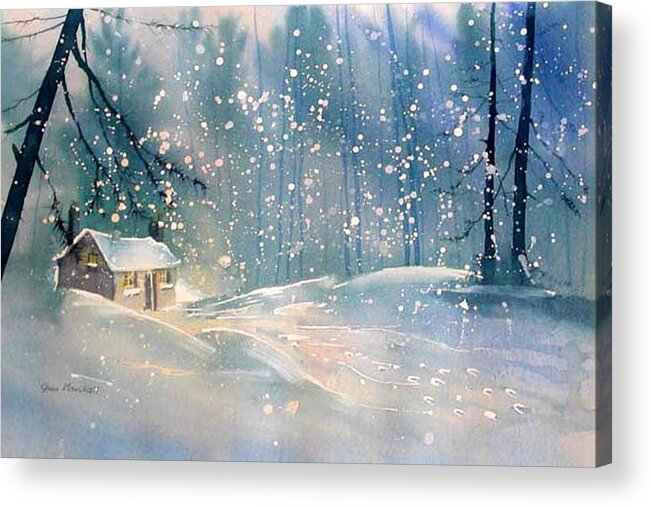 Watercolour Acrylic Print featuring the painting Cottage in the Snow by Glenn Marshall