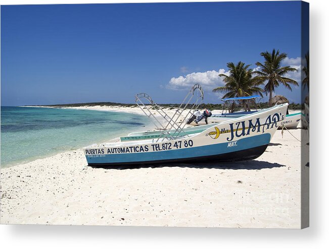 Travelpixpro Cozumel Acrylic Print featuring the photograph Cozumel Mexico Fishing Boats on White Sand Beach by Shawn O'Brien