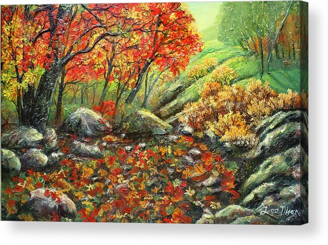 Landscape Acrylic Print featuring the painting Crimson Lights Up The Forest by Lee Nixon