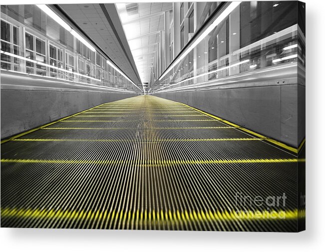 Airport Acrylic Print featuring the photograph DFW Airport Walkway Perspective Color Splash Black and White by Shawn O'Brien