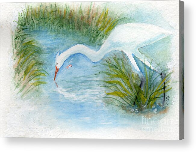 Egret Acrylic Print featuring the painting Egret Fishing Creek by Doris Blessington