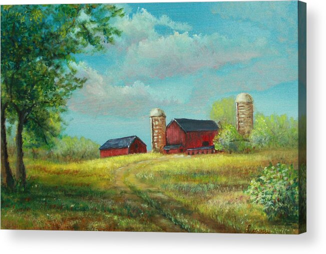 Landscapes Acrylic Print featuring the painting Red barns by Katalin Luczay