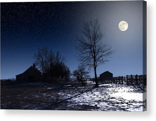 Astronomy Acrylic Print featuring the photograph Full Moon and Farm by Larry Landolfi