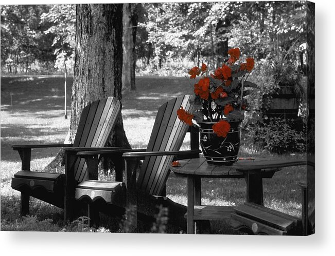 Canada Acrylic Print featuring the photograph Garden Chairs With Red Flowers In A Pot by David Chapman