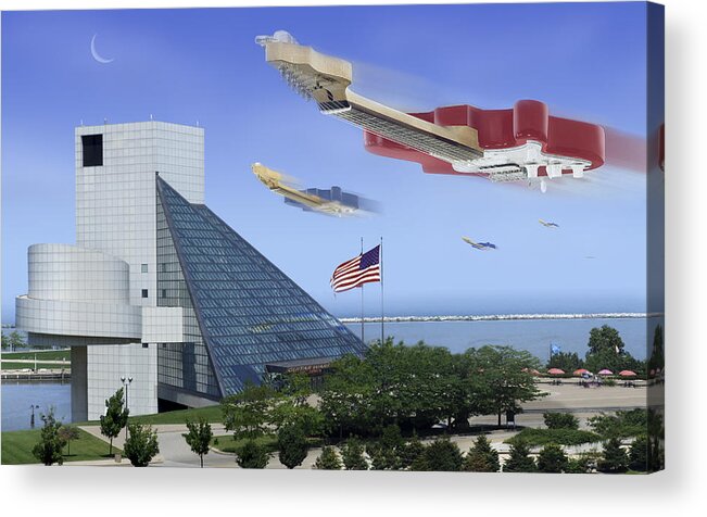 Flying Guitars Acrylic Print featuring the photograph Guitar Wars At The Rock Hall by Mike McGlothlen