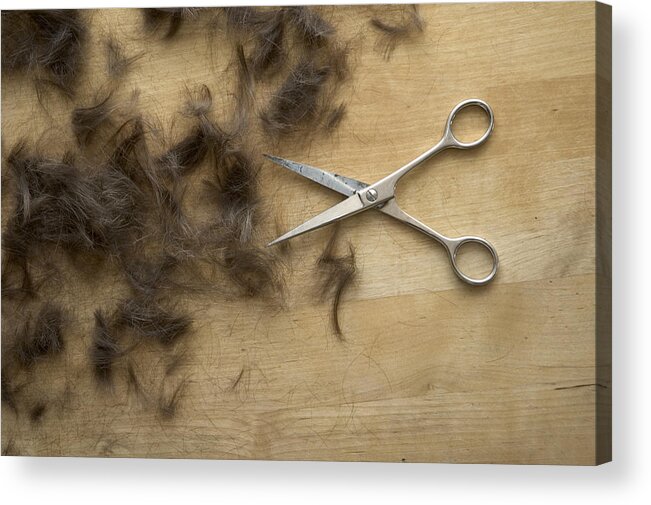 Hair Acrylic Print featuring the photograph Hair and scissors on table by Matthias Hauser