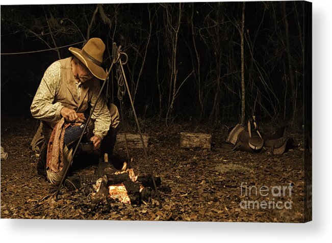 Cowboys Acrylic Print featuring the photograph Having coffee on the range by Linda Constant