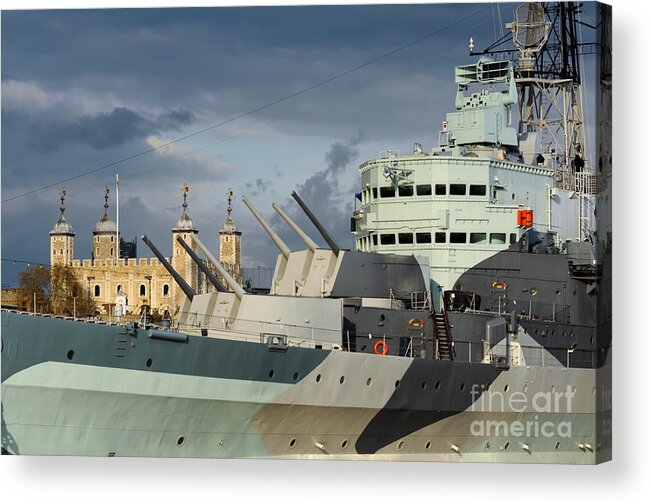 British Acrylic Print featuring the photograph HMS Belfast with the Tower of London by Andrew Michael